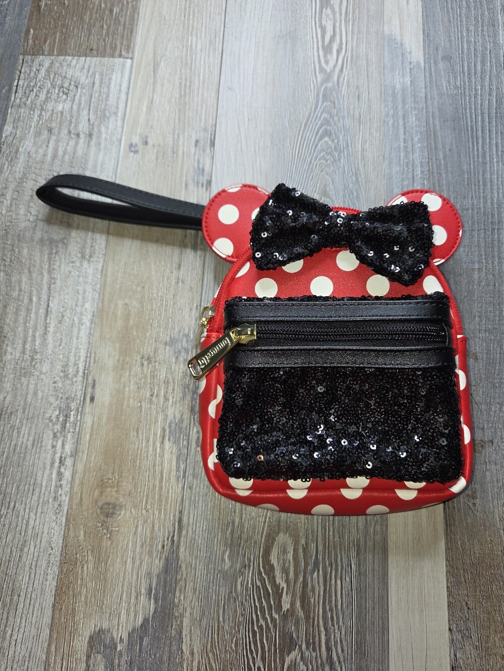 Disney Parks Loungefly Minnie Mouse Sequin Polka Dot Mini Wristlet Belt Bag